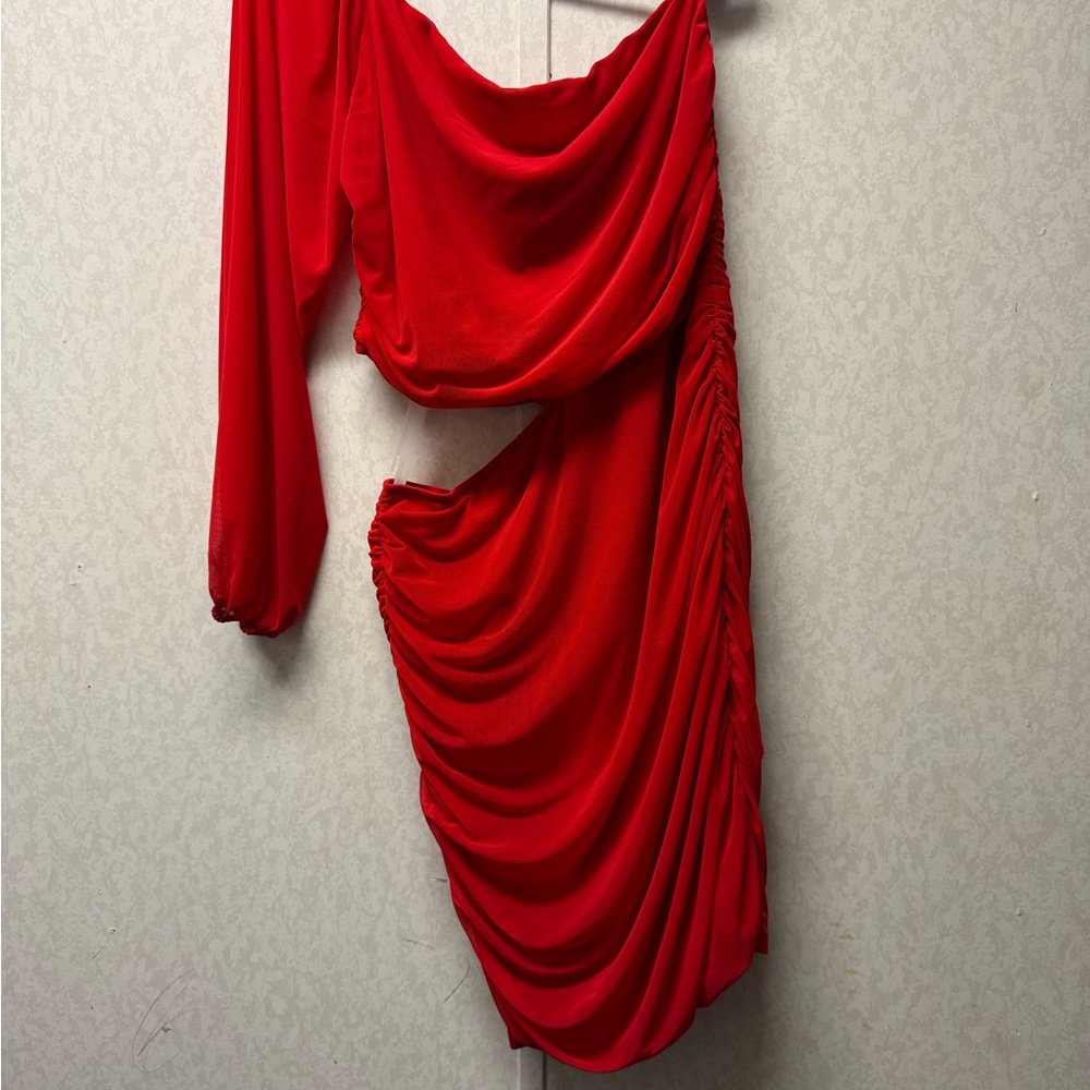 Red Asymmetrical Ruched One Shoulder Dress